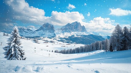 Snowy hills of Alpe di Siusi ski resort. Astonishing winter landscape of Dolomite Alps, Italy, Europe. Beauty of nature concept background.