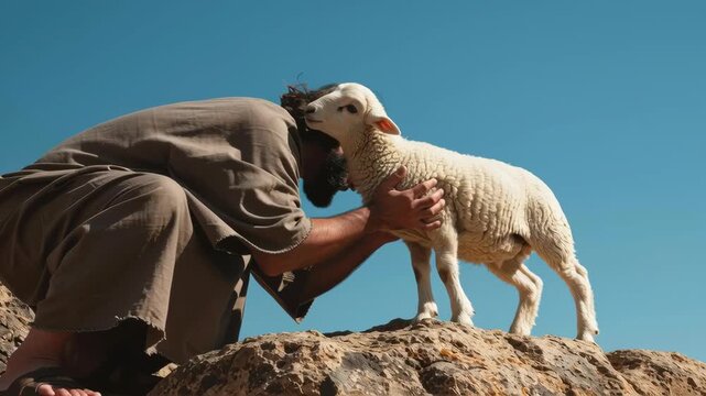A man representing Jesus reaches out to a lamb standing on a rock. Christian biblical concept of shepherd caring for his flock footage.