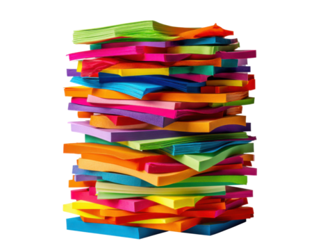 Colorful stacked paper sheets office space abstract art bright mood. Isolated on transparent background, png.