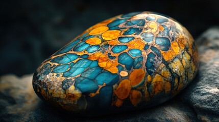 Vibrant stone with colorful patterns on rocky surface