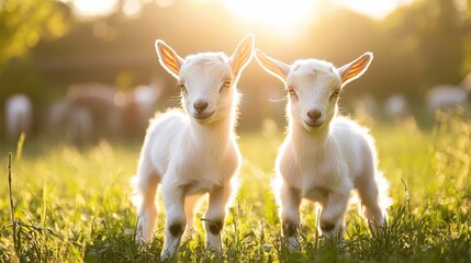 Fototapeta premium Two little, cute baby goats on field. Farming outdoor. Animals of farm. Sunny evening, amazing weather.