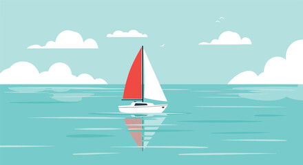 Naklejka premium Sailboat sailing on calm water under a cloudy sky, birds fly. Graphic resource