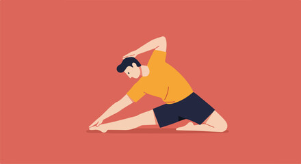 Man stretching body in front of solid-colored background. Vector graphics use