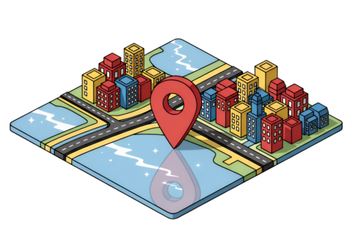 Explore cities with a modern map and pinpoint your destination on a vibrant, colorful adventure