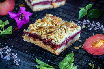 Plum pie with almond shortcrust pastry.