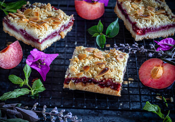 Plum pie with almond shortcrust pastry.