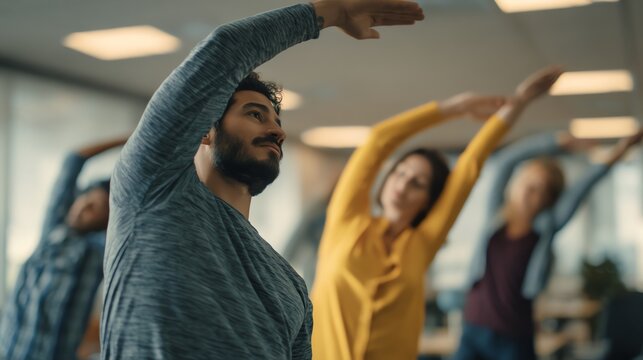 A diverse group of adults stretching their arms during a fitness or wellness class in a bright indoor setting.