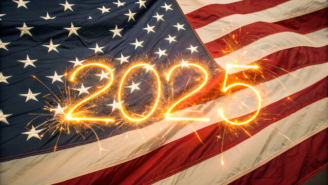 Happy New Year 2025 Celebration with Sparkler Text on American Flag Background