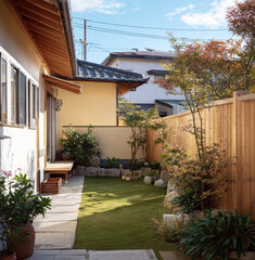 Obraz premium A small backyard with green grass, a wooden fence, a white wall. A garden bed is in the corner of the yard, and a wooden trellis allows plants to grow, is green space in front of the home.