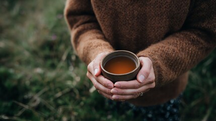 Person wearing a brown fleece jacket holds a cup of warm tea outdoors surrounded by greenery.