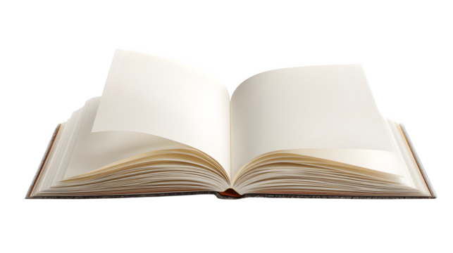 Open book with blank pages spread wide on a black background ready for text and illustrations