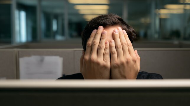 A man in an office cubicle hides his face behind his hands, expressing stress or frustration.