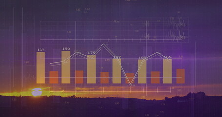 Obraz premium Displaying bar chart and line graph over rural sunrise horizon, with numeric labels and grid lines