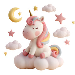 Cute 3D Sleeping Unicorn on Cloud with Moon and Stars, Pastel Colors, Transparent Background