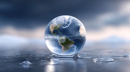 A crystal-clear globe reflects water, symbolizing Earth's beauty and fragility amidst a serene, cloudy backdrop.
