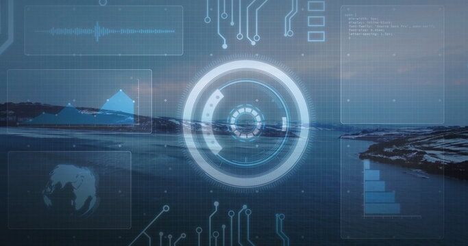 Floating circular holographic interface at seaside dusk, with waveform panel and circuit overlays