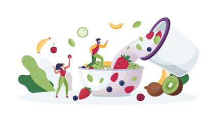 Illustration of people interacting with a large bowl of fruit and yogurt ingredients being poured in