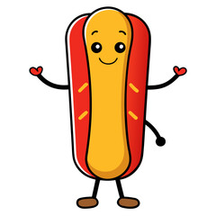 Cute kawaii hot dog character with ketchup smile and arms