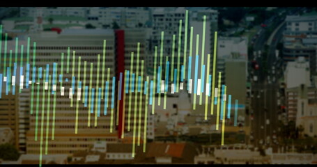 Showing multicolored vertical data bars overlaying cityscape downtown, with buildings and vehicles