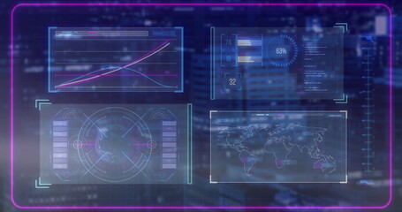 Displaying futuristic HUD overlay floating over command console at night with neon-purple frame