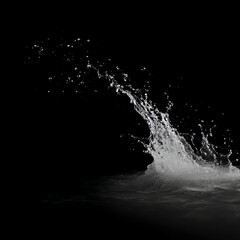 A high-contrast splash of water captured in motion against a black background, highlighting the dynamic texture and fluidity of the liquid.