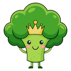 Happy broccoli character wearing a crown and wiggly hair