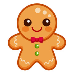 Adorable kawaii gingerbread cookie with icing smile and festive decorations