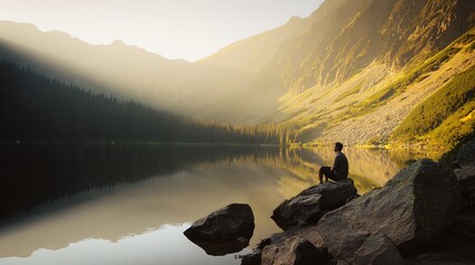 A person sits on rocks by a calm mountain lake at sunrise, surrounded by rugged cliffs and soft golden light.