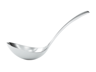 Serving soup with a stainless steel ladle in a kitchen setting. Isolated on transparent background, png.