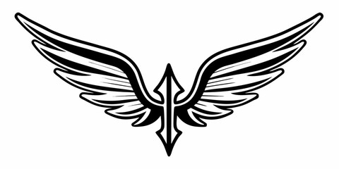 Fototapeta premium Illustration of stylized wings spread wide with a central arrow design in black and white color scheme