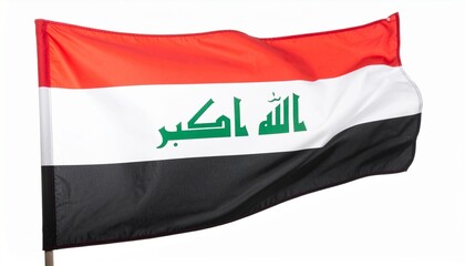 Iraqi flag—horizontal tricolor of red, white, and black with green Arabic script “Allahu Akbar” centered, symbolizing faith, strength, and national unity.