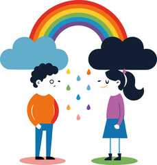 Raincloud turning into a rainbow over a couple reconciling