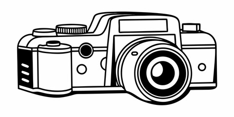 A black and white line drawing of a camera with a large lens and several buttons and dials shown