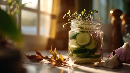Fototapeta premium Fresh Raw Salad in Mason Jar with Avocado, Cucumbers & Microgreens, Golden Hour Lighting, Bokeh Effect