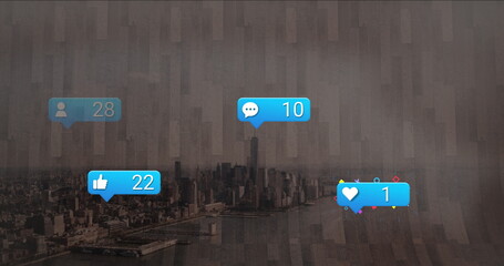 Floating notifications appearing over harbor skyline, showing follower, comment, like, heart counts