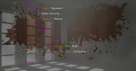 Showing HTML code overlaying dimly lit room with tiled floor, window shutters, dark red splatter