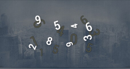 Floating 3D numerals glowing white and olive-green hovering over rooftop skyline textured overlay