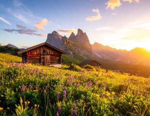 Alpine chalet at sunset, wildflowers