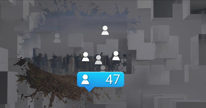 Blue notification 47 hovering above avatars in skyline background, with brown splash and gray cubes