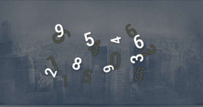 Floating 3D numerals glowing white and olive-green hovering over rooftop skyline textured overlay