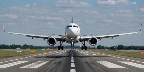 Airplane Touching Down on Runway During Daytime with Clear Sky and Fluffy Clouds and Green Grass with Trees Visible