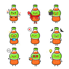 Adorable cartoon soda bottles with various emotions, perfect for fun designs and illustrations.