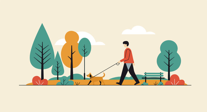 Man walking dog on leash, park trees, sunny day. Use wellness, health, eco, community