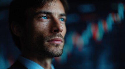 Strategic Gaze: A sharp-dressed business professional gazes toward an illuminating data stream, embodying the focus and calculation involved in strategic decision-making.