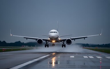 Airplane Landing on Runway Splashing Water on a Rainy Day Depicts Modern Transportation and Travel