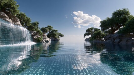 Tranquil Digital Landscape with Waterfall and Binary Code Reflection