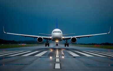 Front View of Airplane Touching Down on Wet Runway During Cloudy Weather Conditions at Twilight with Ground Lighting