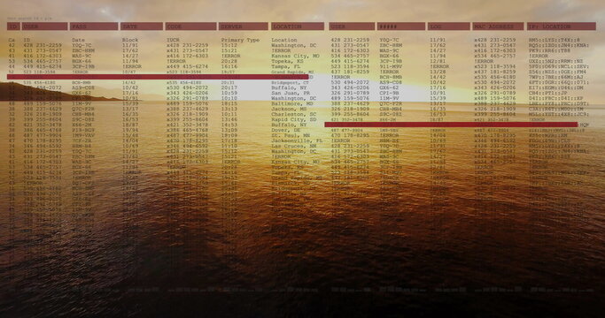 Displaying digital table overlaying sunset open sea surface with spreadsheet columns visible