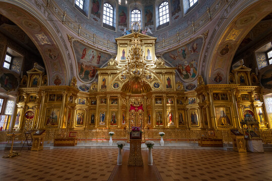Altar and iconostasis of the ancient Cathedral of St. Nicholas the Wonderworker (St. Nicholas the White). Serpukhov, Moscow region