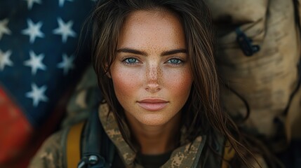Fototapeta premium Women's Day: Portrait of American Female Soldier with Flag Background – Showcasing Women's Power